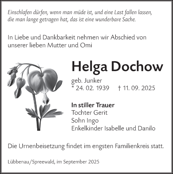 Traueranzeige von Helga Dochow von Lausitzer Rundschau