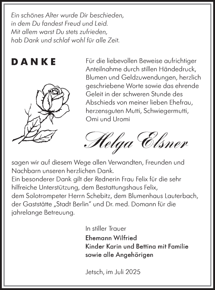  Traueranzeige für Helga Elsner vom 06.09.2025 aus Lausitzer Rundschau