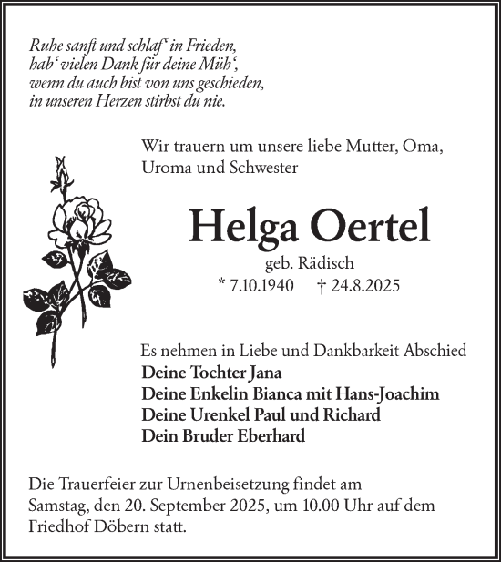 Traueranzeige von Helga Oertel von Lausitzer Rundschau