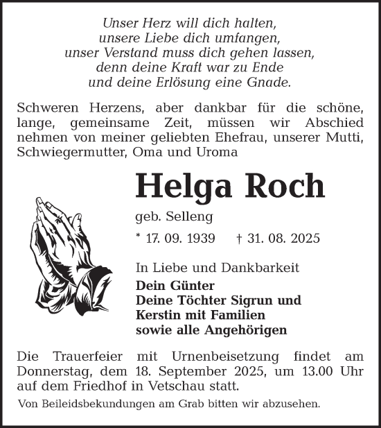 Traueranzeige von Helga Roch von Ausg. LR Spreewald RS