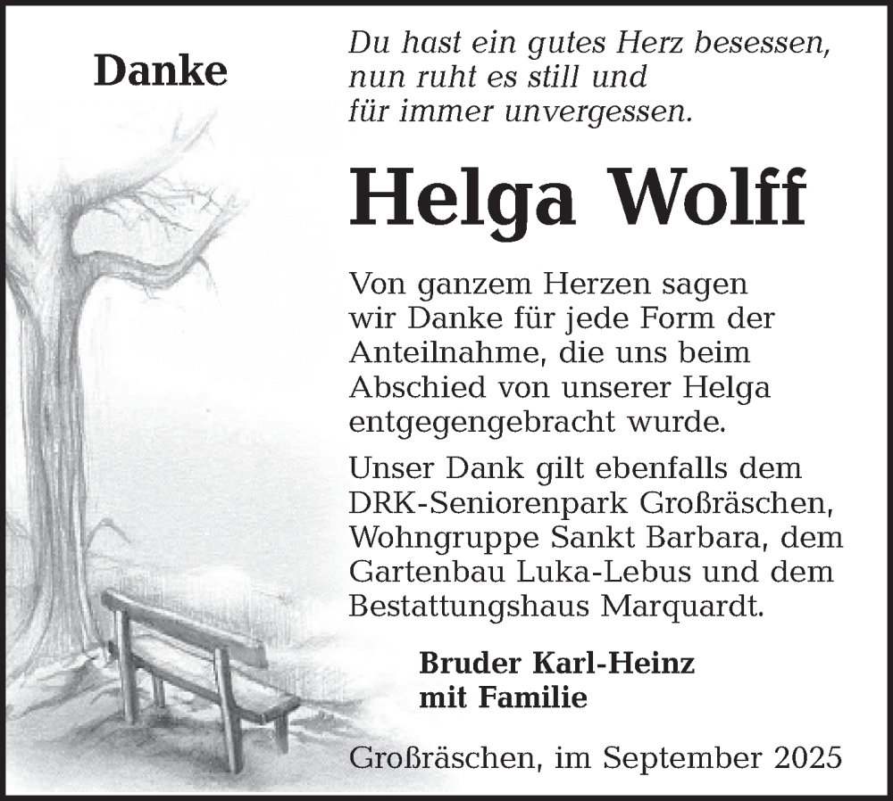  Traueranzeige für Helga Wolff vom 13.09.2025 aus Lausitzer Rundschau