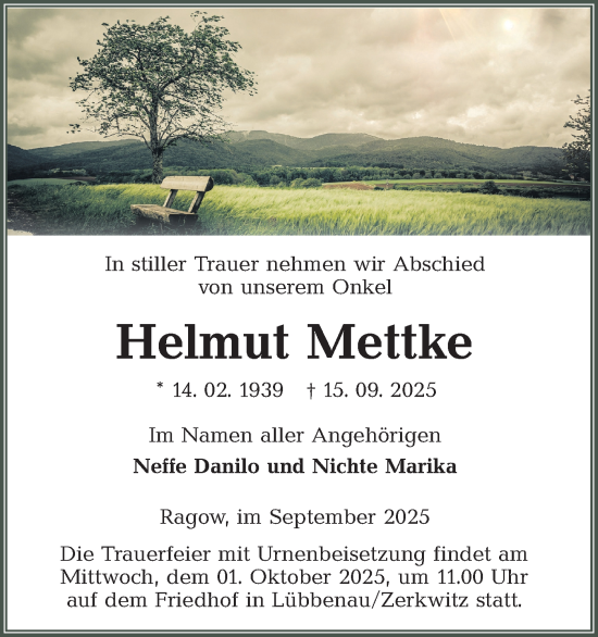 Traueranzeige von Helmut Mettke von Lausitzer Rundschau