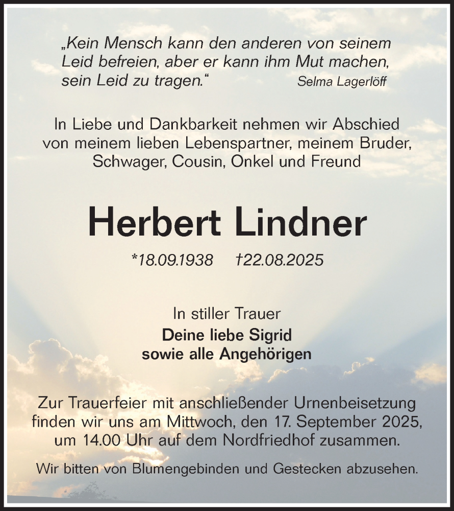  Traueranzeige für Herbert Lindner vom 06.09.2025 aus Lausitzer Rundschau