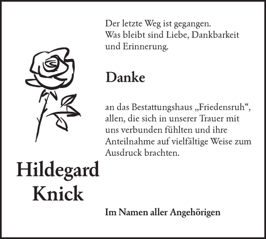 Traueranzeige von Hildegard Knick von Lausitzer Rundschau