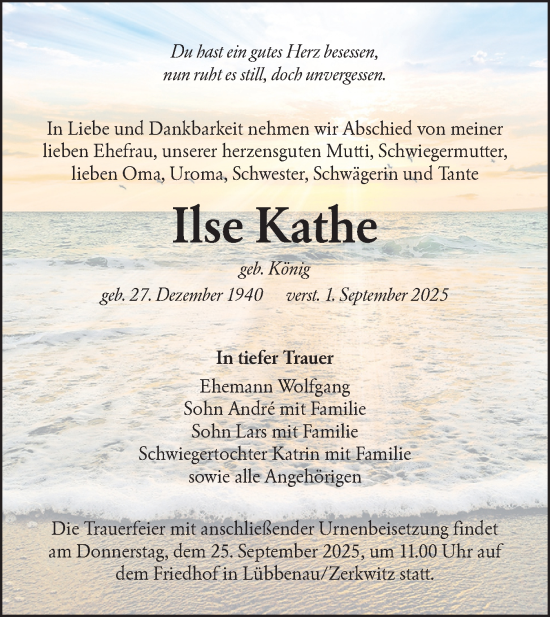 Traueranzeige von Ilse Kathe von Lausitzer Rundschau