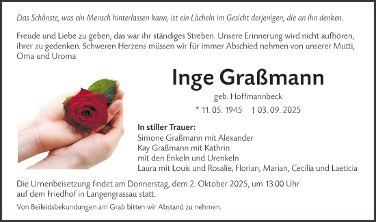 Traueranzeige von Inge Graßmann von Lausitzer Rundschau