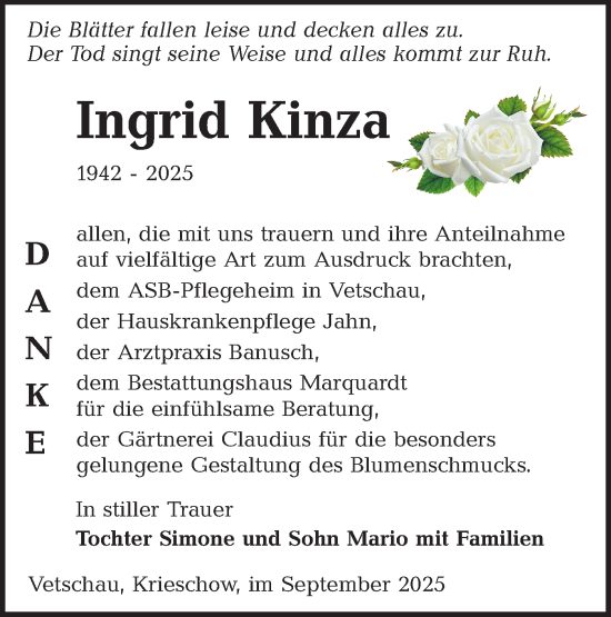 Traueranzeige von Ingrid Kinza von Lausitzer Rundschau