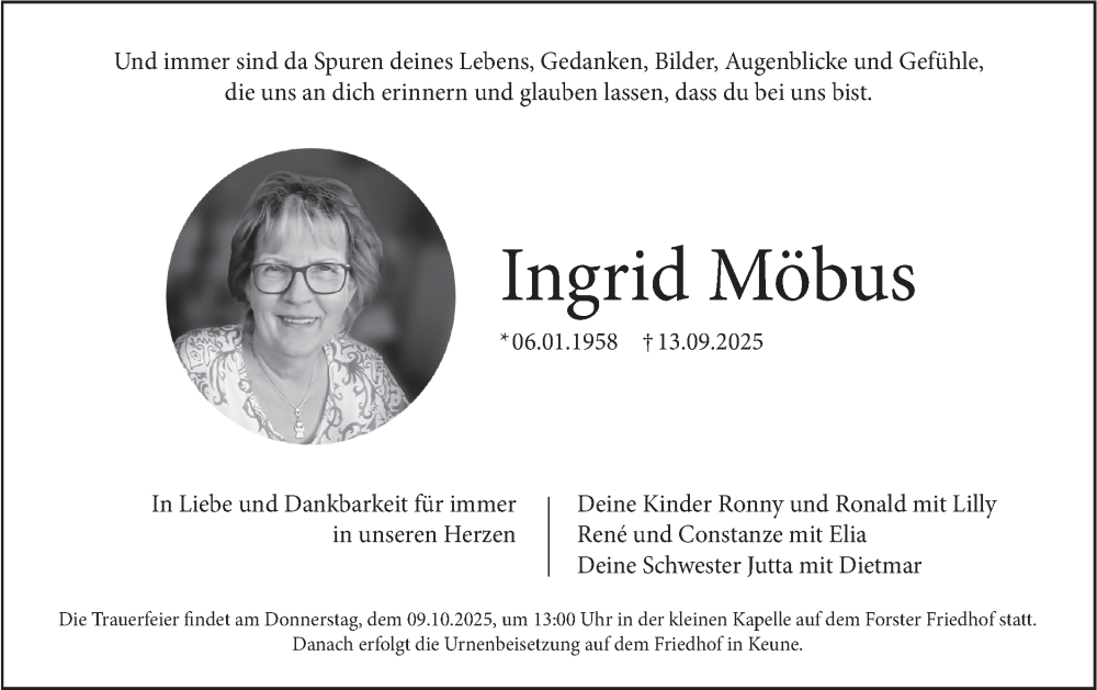  Traueranzeige für Ingrid Möbus vom 27.09.2025 aus Lausitzer Rundschau