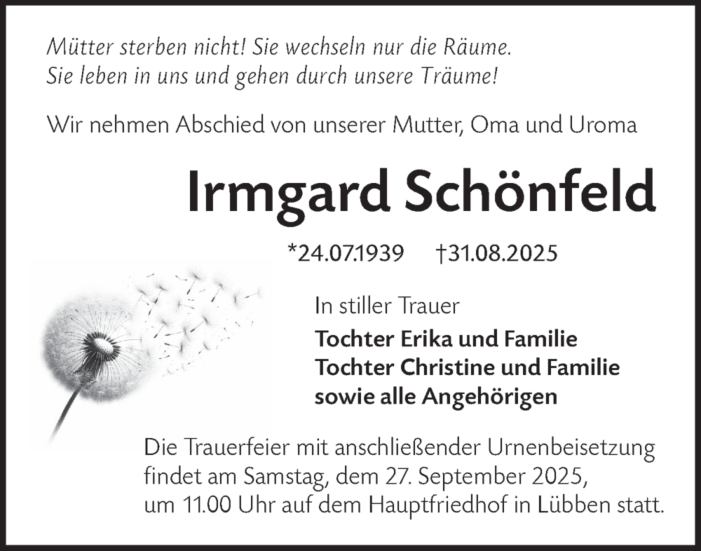  Traueranzeige für Irmgard Schönfeld vom 06.09.2025 aus Ausg. LR Spreewald RS