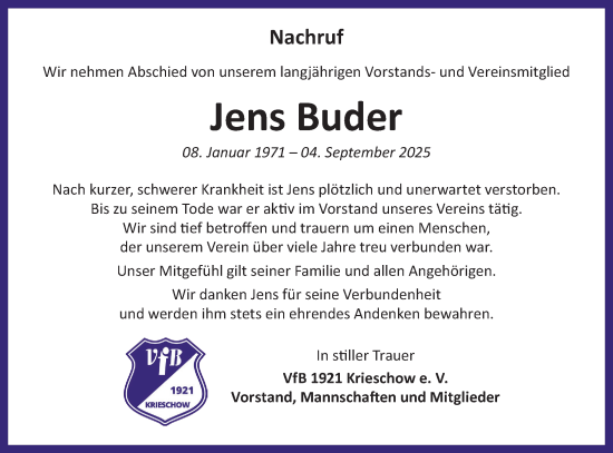 Traueranzeige von Jens Buder von Lausitzer Rundschau