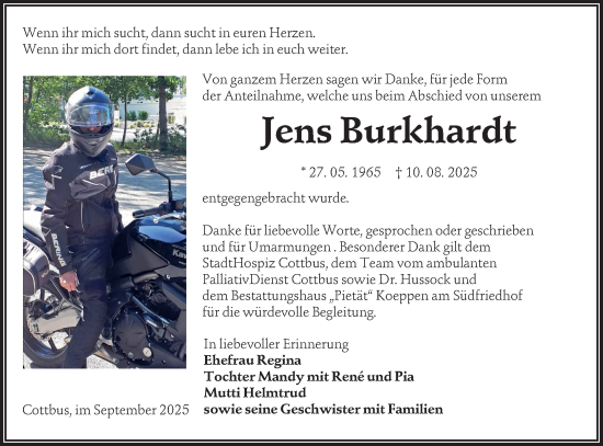 Traueranzeige von Jens Burkhardt von Lausitzer Rundschau