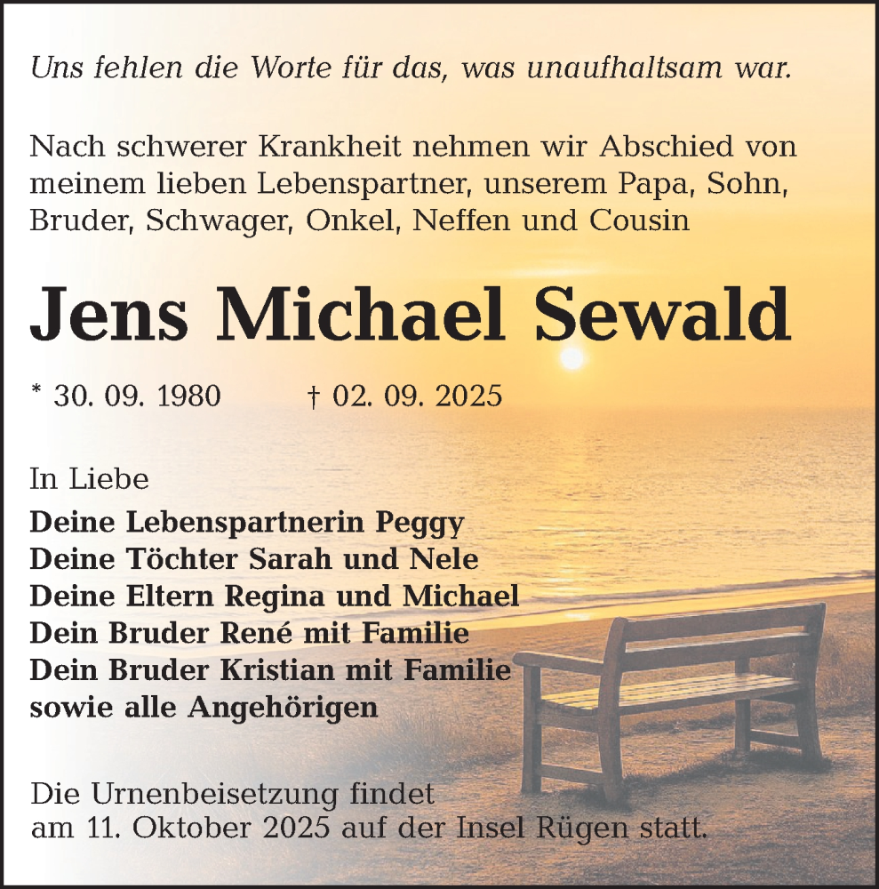  Traueranzeige für Jens Michael Sewald vom 13.09.2025 aus Lausitzer Rundschau