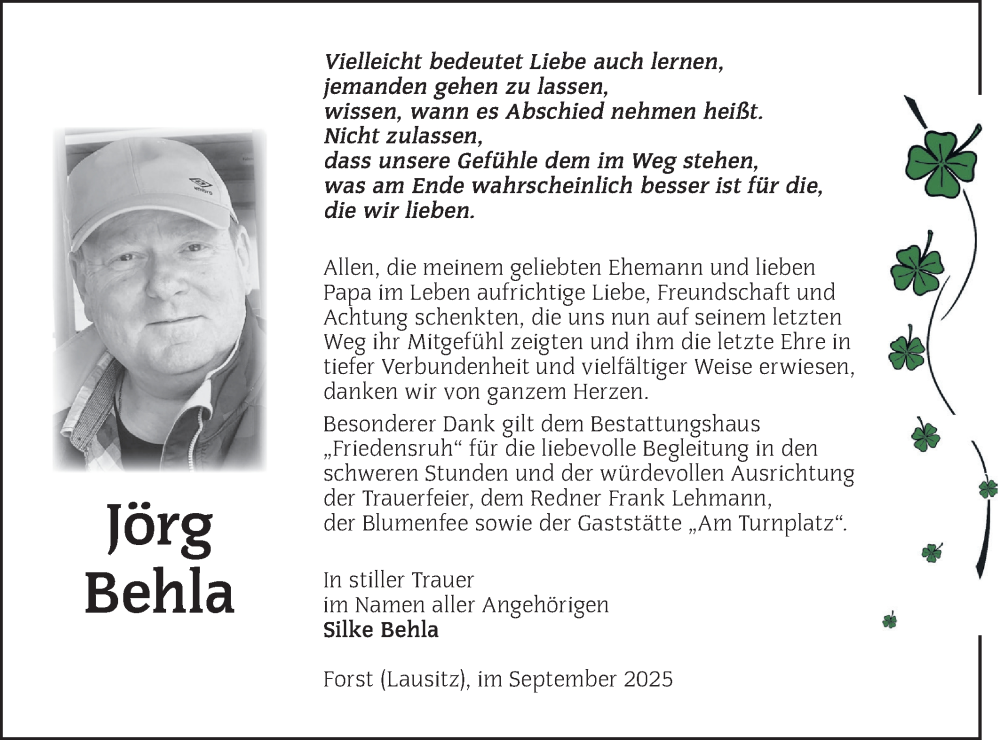  Traueranzeige für Jörg Behla vom 06.09.2025 aus Lausitzer Rundschau