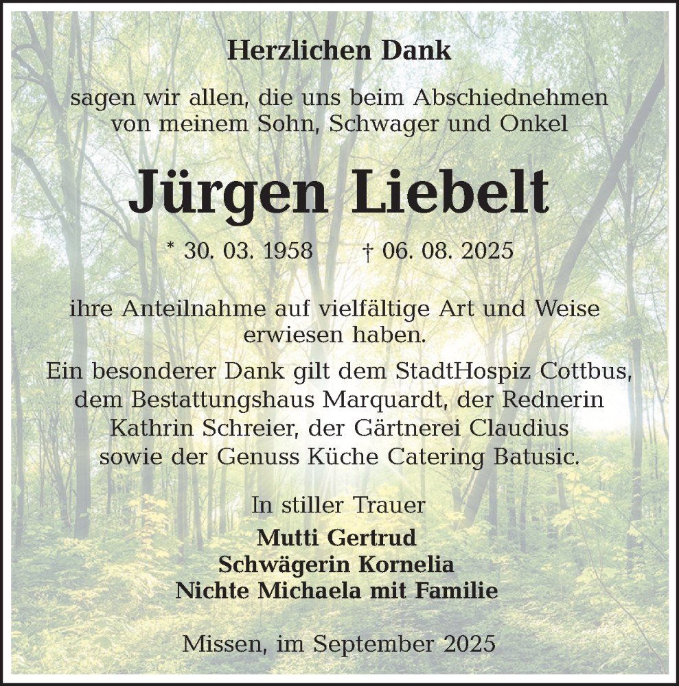  Traueranzeige für Jürgen Liebelt vom 06.09.2025 aus Lausitzer Rundschau