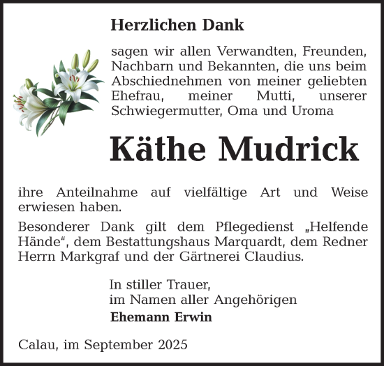 Traueranzeige von Käthe Mudrick von Lausitzer Rundschau
