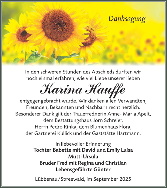 Traueranzeige von Karina Hauffe von Lausitzer Rundschau