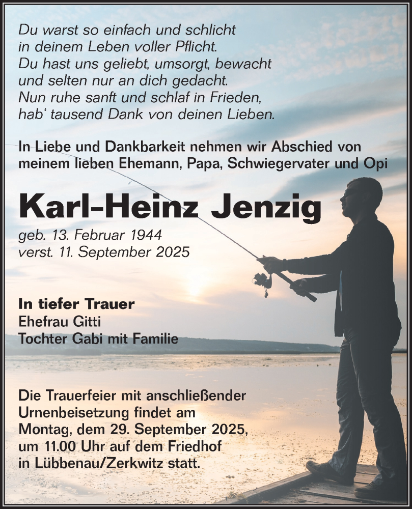  Traueranzeige für Karl-Heinz Jenzig vom 20.09.2025 aus Lausitzer Rundschau