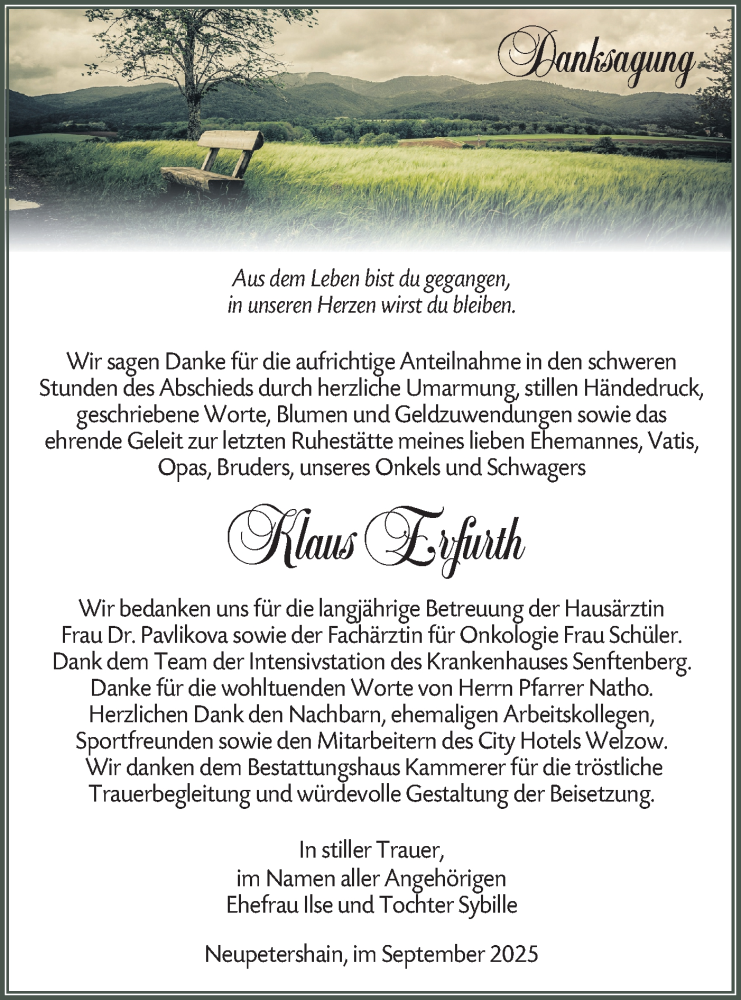  Traueranzeige für Klaus Erfurth vom 27.09.2025 aus Lausitzer Rundschau