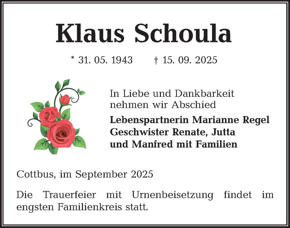  Traueranzeige für Klaus Schoula vom 27.09.2025 aus Lausitzer Rundschau