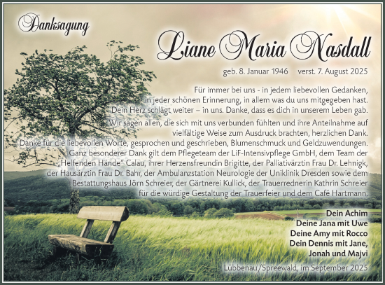 Traueranzeige von Liane Maria Nasdall von Ausg. LR Spreewald RS
