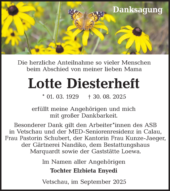 Traueranzeige von Lotte Diesterheft von Lausitzer Rundschau