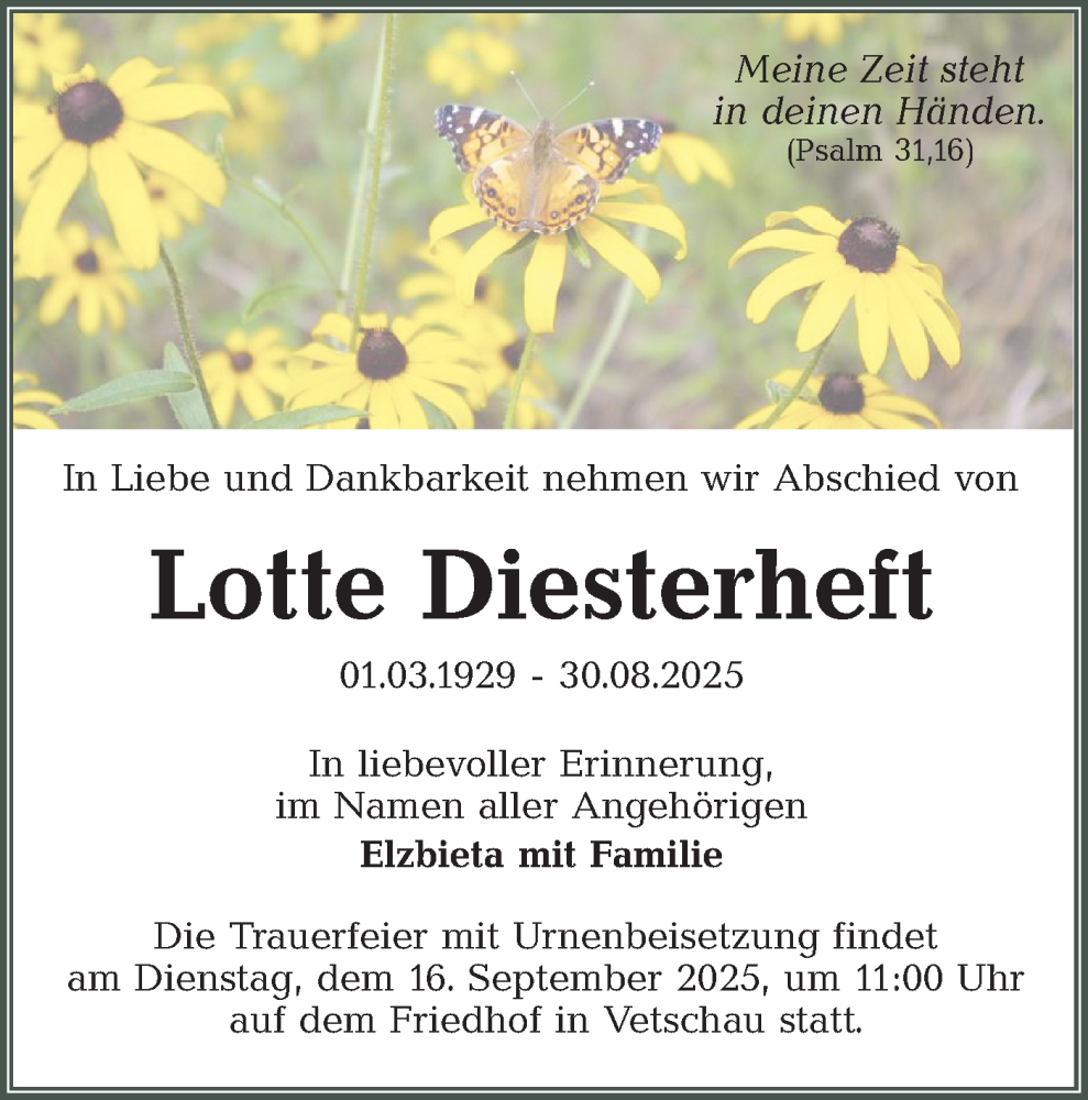  Traueranzeige für Lotte Diesterheit vom 06.09.2025 aus Lausitzer Rundschau