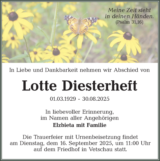 Traueranzeige von Lotte Diesterheit von Lausitzer Rundschau