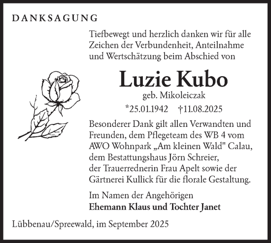 Traueranzeige von Luzie Kubo von Ausg. LR Spreewald RS