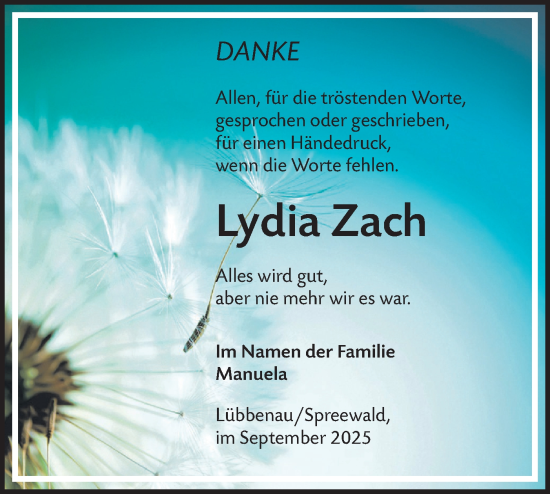 Traueranzeige von Lydia Zach von Lausitzer Rundschau