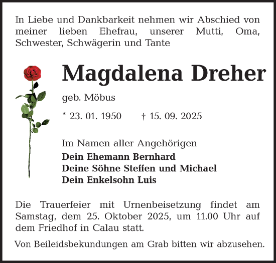 Traueranzeige von Magdalena Dreher von Lausitzer Rundschau