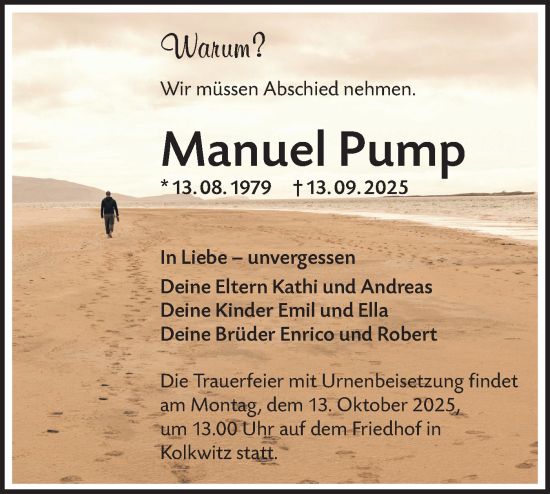 Traueranzeige von Manuel Pump von Lausitzer Rundschau