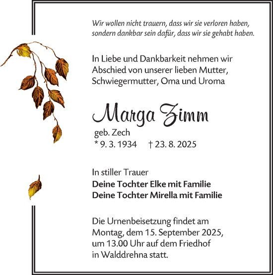 Traueranzeige von Marga Zimm von Lausitzer Rundschau