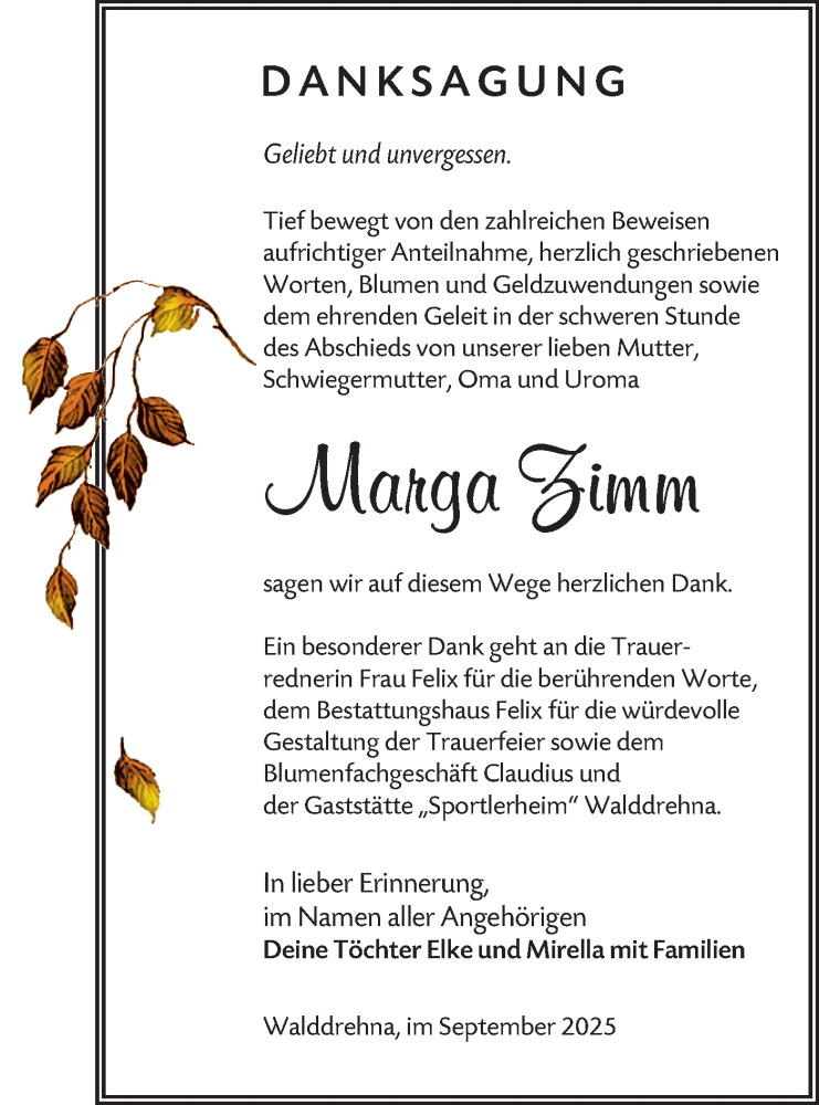  Traueranzeige für Marga Zimm vom 27.09.2025 aus Lausitzer Rundschau