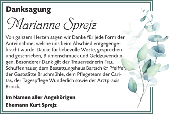 Traueranzeige von Marianne Sprejz von Lausitzer Rundschau