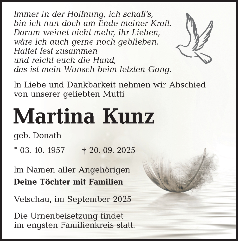  Traueranzeige für Martina Kunz vom 27.09.2025 aus Lausitzer Rundschau