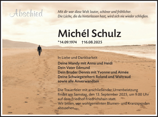 Traueranzeige von Michél Schulz von Lausitzer Rundschau