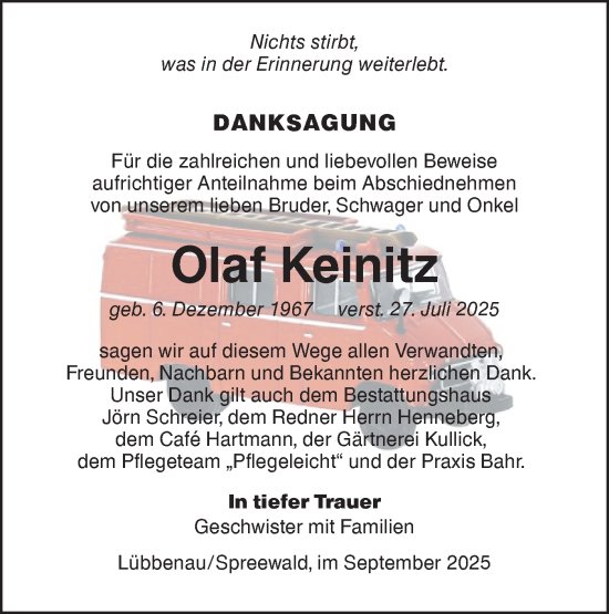 Traueranzeige von Olaf Keinitz von Lausitzer Rundschau