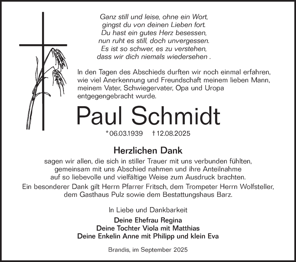  Traueranzeige für Paul Schmidt vom 20.09.2025 aus Lausitzer Rundschau