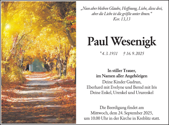 Traueranzeige von Paul Wesenigk von Lausitzer Rundschau