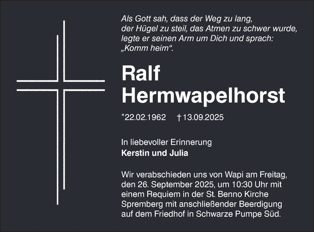  Traueranzeige für Ralf Hermwapelhorst vom 20.09.2025 aus Lausitzer Rundschau