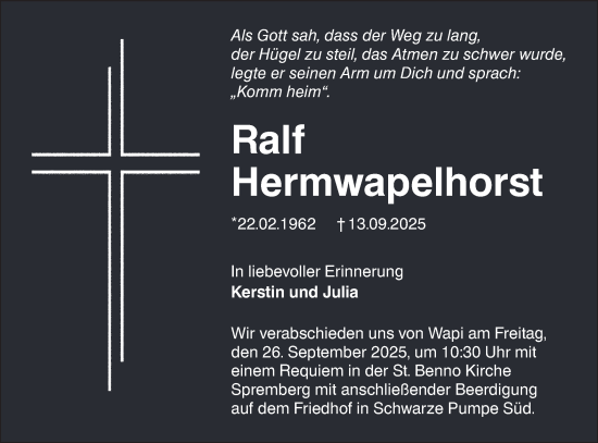 Traueranzeige von Ralf Hermwapelhorst von Lausitzer Rundschau