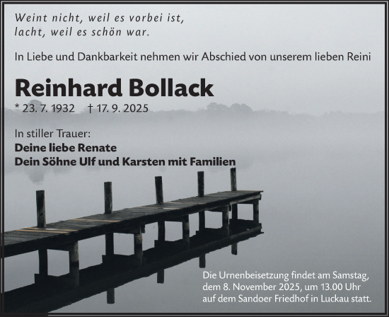 Traueranzeige von Reinhard Bollack von Lausitzer Rundschau