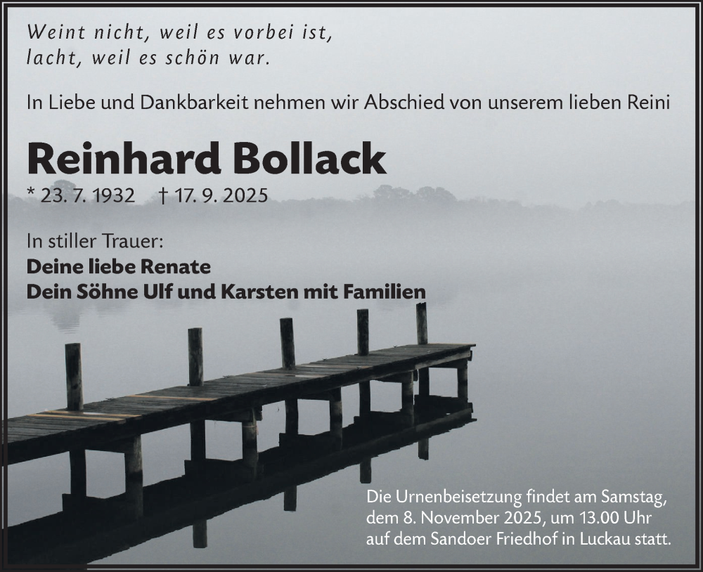 Traueranzeige für Reinhard Bollack vom 27.09.2025 aus Lausitzer Rundschau