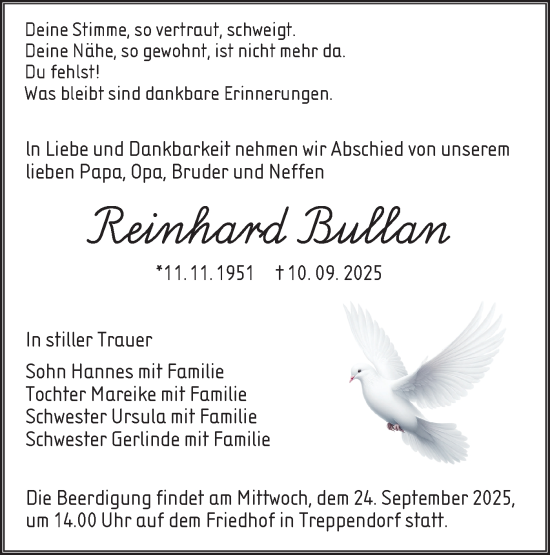Traueranzeige von Reinhard Bullan von Lausitzer Rundschau