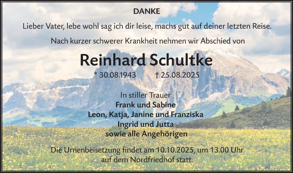  Traueranzeige für Reinhard Schultke vom 13.09.2025 aus Lausitzer Rundschau