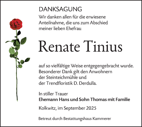 Traueranzeige von Renate Tinius von Lausitzer Rundschau