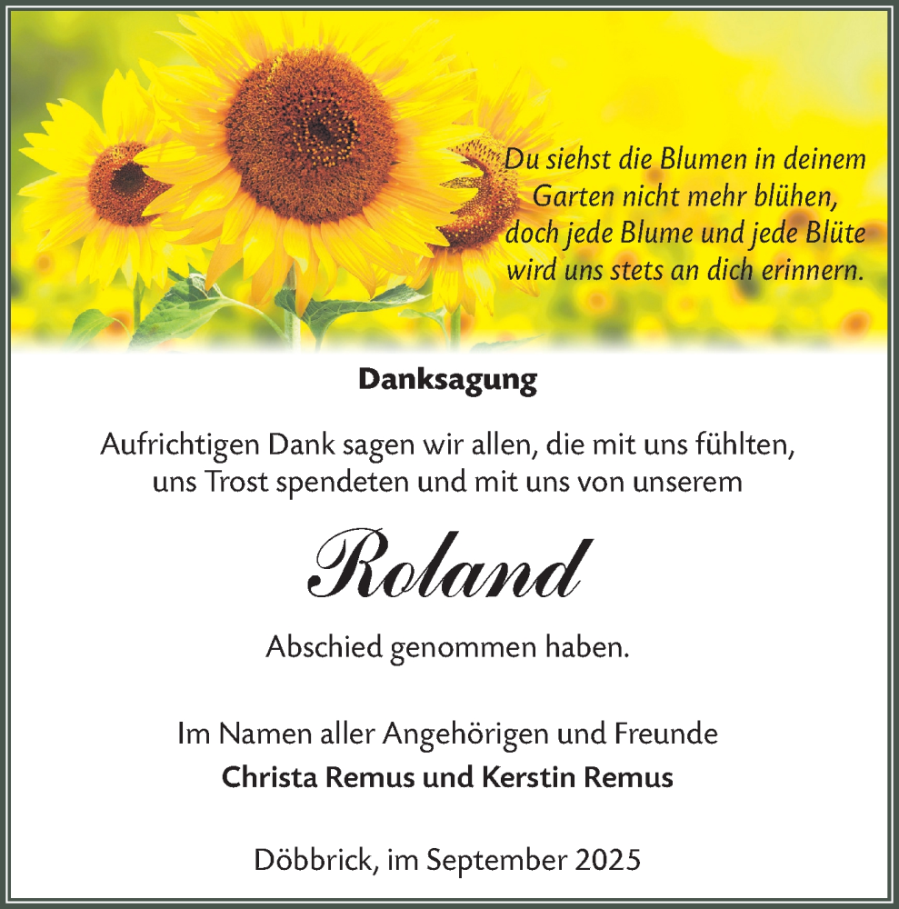  Traueranzeige für Roland  vom 27.09.2025 aus Lausitzer Rundschau