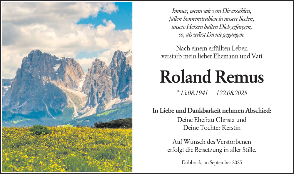  Traueranzeige für Roland Remus vom 06.09.2025 aus Lausitzer Rundschau