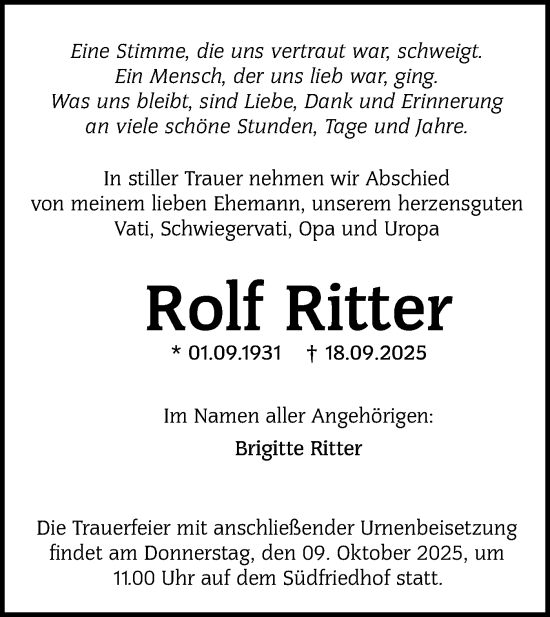 Traueranzeige von Rolf Ritter von Lausitzer Rundschau