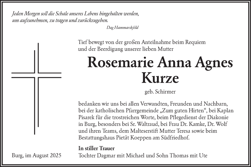  Traueranzeige für Rosemarie Anna Agnes Kurze vom 06.09.2025 aus Lausitzer Rundschau